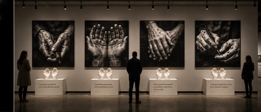 Gallery installation: large-format photographs of hands above plaster casts on plinths