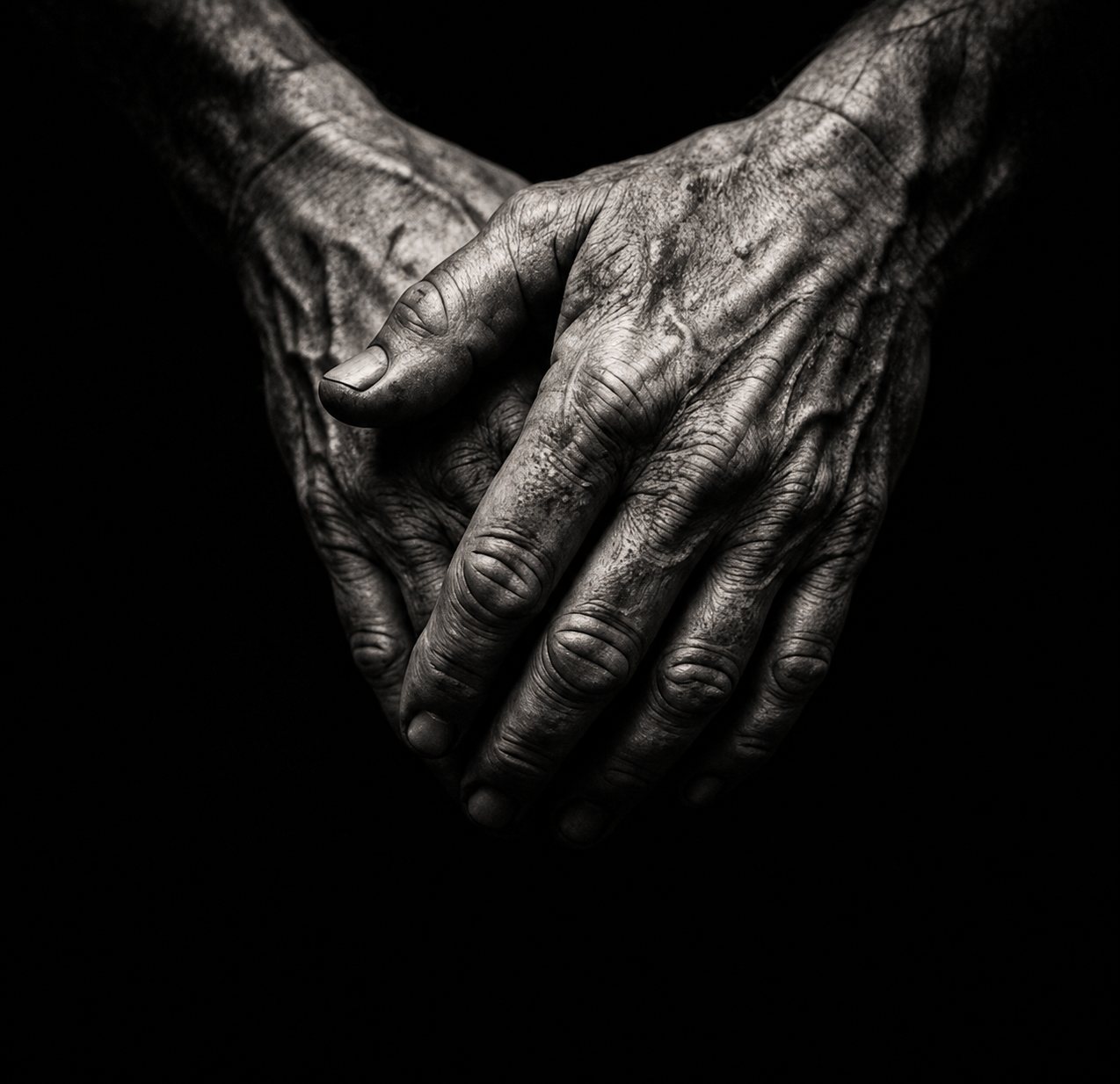 Close-up photograph of a pair of weathered, calloused hands