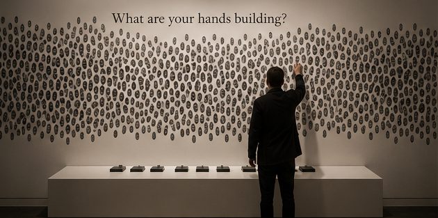 Wall of visitor fingerprints under the question What are your hands building?